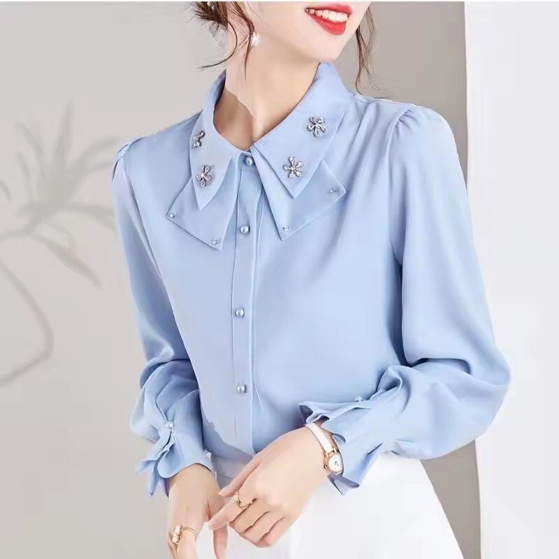 Spring Autumn Long Sleeve Pleated Office Blouse Shirt Top Fashion Women Clothing