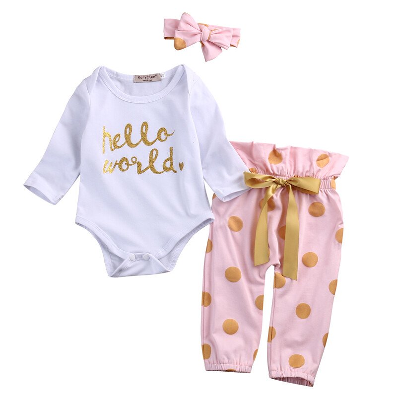 3Pcs Newborn Baby Girl Clothes Set Romper Bodysuit Top Polka Dots Pants Outfits hover