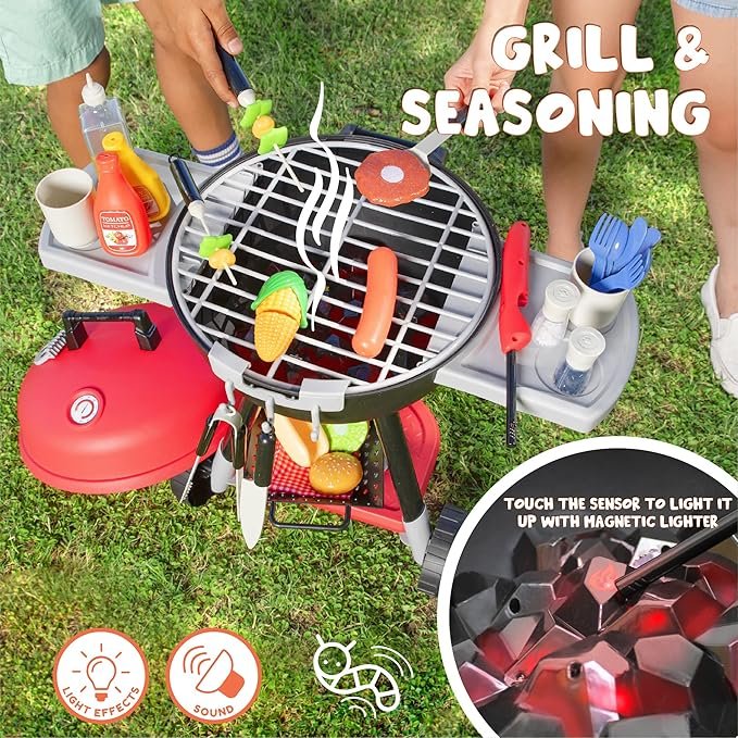 JOYIN Kitchen Toy Set, BBQ Play Grill, Cooking Toy Set, Little Chef Play, Kids Grill Playset Interactive BBQ for Kids with Light & Sound, Birthday Gift for 3 4 Year Old Boys Girls Outdoor Toys hover