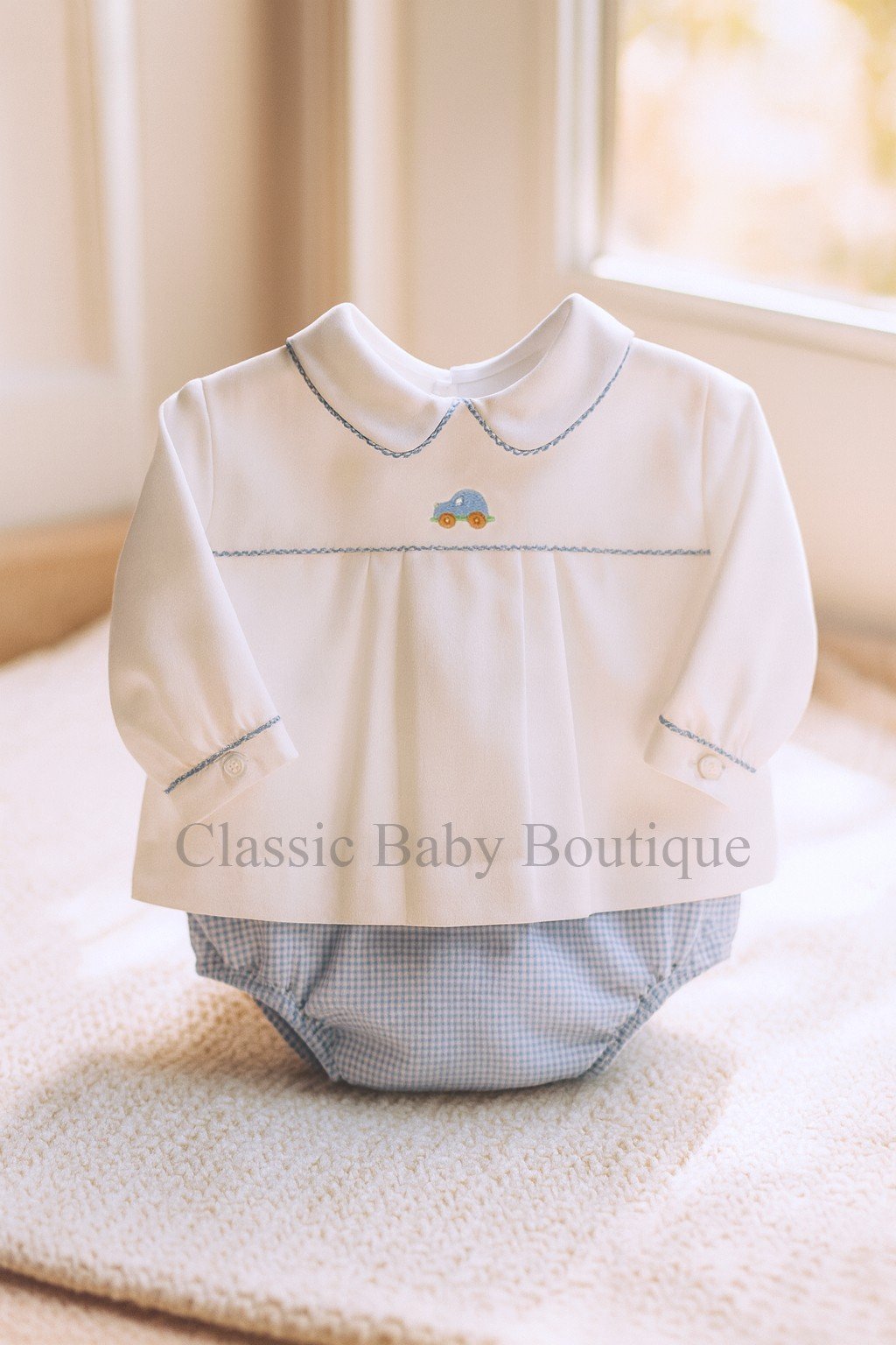NWT Petit Ami White Blue 2pc Car Long Sleeve Diaper Set 3M 3 Months Baby Boys