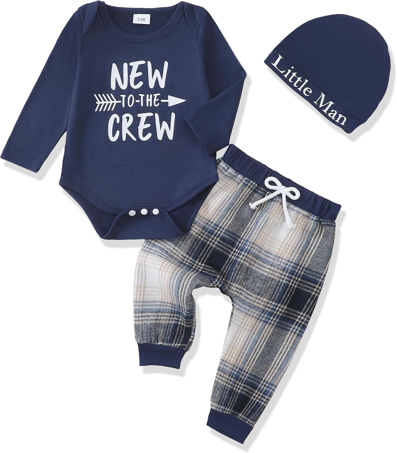 Newborn Baby Boy Fall Clothes, Long Sleeve Letter Printed Rompers Plaid Pants Ha hover