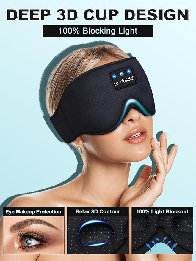 LC-dolida Sleep Headphones, 3D Sleep Mask Bluetooth Wireless Music Eye Mask, Sleeping Headphones for Side Sleepers Sleep Mask with Bluetooth Headphones Ultra-Thin Stereo Speakers Perfect for Sleeping hover