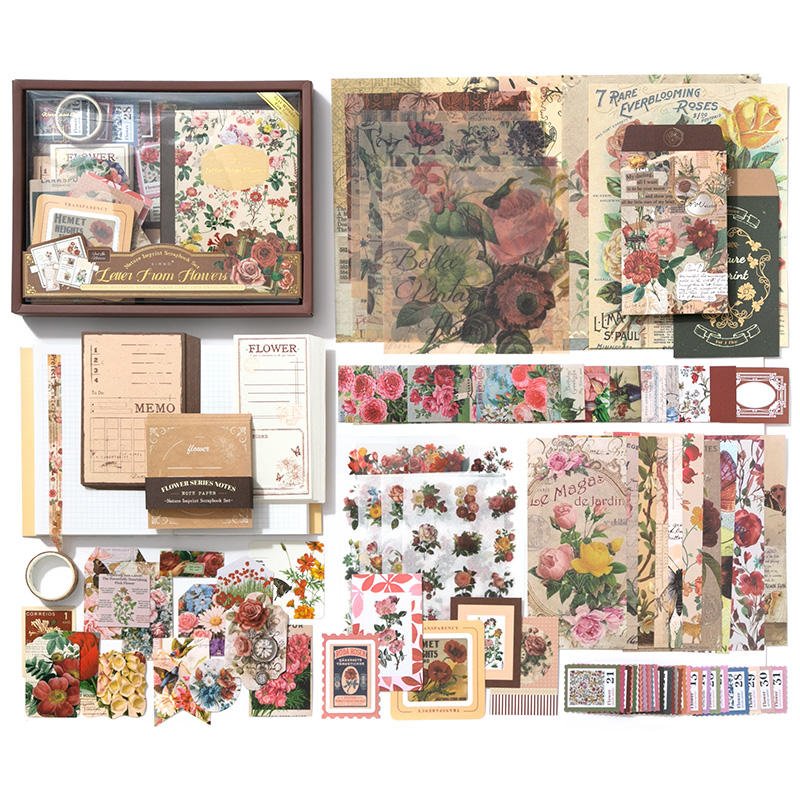 Simno 154pcs Vintage Aesthetic Scrapbooking Supplies Kit Flowers Botanical Bullet Junk Journal Kit Stationery Gift for Adult
