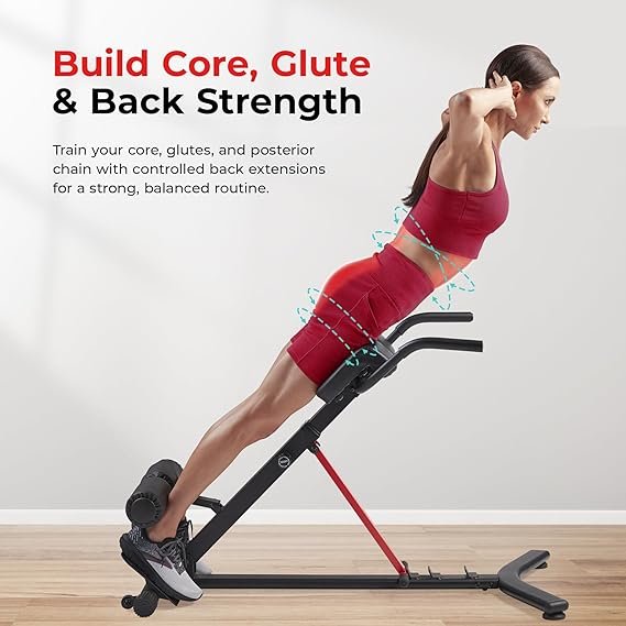 Sunny Health & Fitness Foldable Roman Chair, Back Hyperextension Bench | Adjustable Height, Folds Flat for Storage, Built in Dip Station, Targets Back, Abs & Core, Crunches & Back Extensions hover