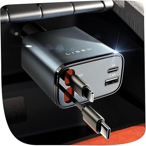 LISEN Retractable Car Charger, 84W Car Charger USB C Fast Charger Adapter for iPhone, Car Accessories for Men Women, Gifts for Fathers Day for Men Dad Husband, for iPhone 17 16 15 14 13 12 11 Samsung
