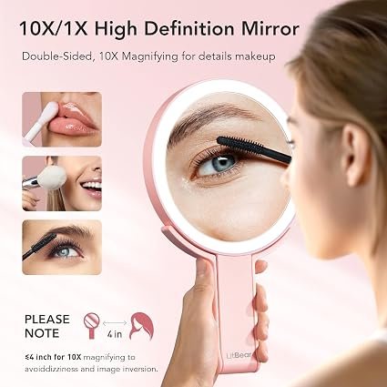 LitBear Travel Makeup Mirror with Lights, Rechargeable Double-Sided 10X/1X Magnifying Mirror, Portable Lighted Beauty Mirror, 3 Color Lighting, Dimmable Touch Screen, Tabletop Handhold Hanging (Pink) hover