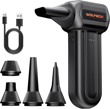 WOLFBOX MF60 Compressed Air Duster, 3-Speed Adjustable, Electric, Cordless | 110,000 RPM, Rechargeable, Air Blower, Fast Charging, PC Keyboard Cleaning, Car, Home, Black, 0.5 lb Lightweight