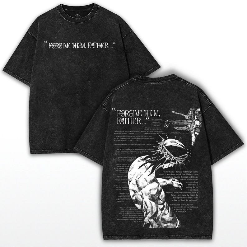 Forgive Them Father Tee – Gothic Cross Graphic Christian Faith Vintage Shirt