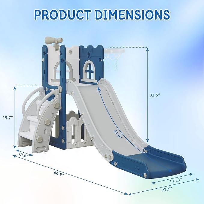LulliSpace 6 in 1 Toddler Slide,Kids Climber Slider for Indoor Outdoor Playground with Basketball Hoop,Storage and Telescope,L Shaped Slide for Toddler Climber Playset hover