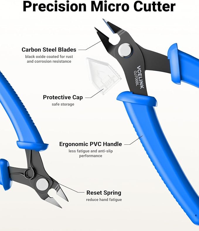 VCELINK Small Wire Cutter Spring-loaded GJ706BL, Precision Flush Cutter Pliers Diagonal Cutters for Electronics, Jewelry Making, Model Craft and 3D Printer, 5-Inch hover