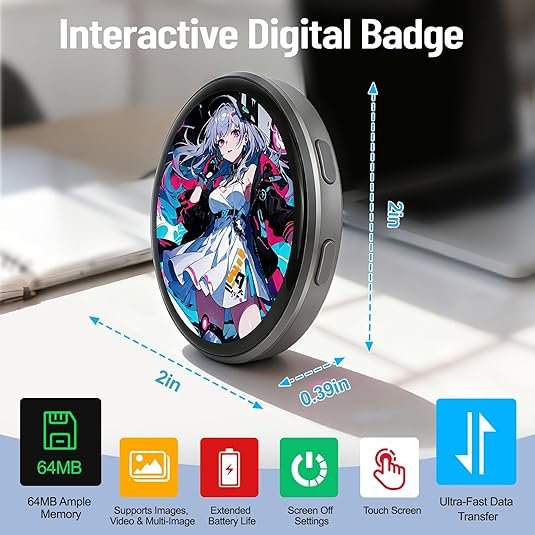 Smart Digital Display Badge with LED Pixel Screen - Interactive E-Badge Anime Pinsfor Backpacks, Digital Photo, Video & Name Tag Display - Ideal Electronic Gift for Anime Fans hover