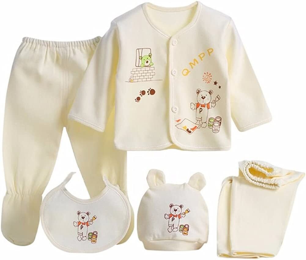 5-Piece Newborn Baby Outfit Set – Unisex Cotton Clothes (Top, Pants, Hat, Bib) hover